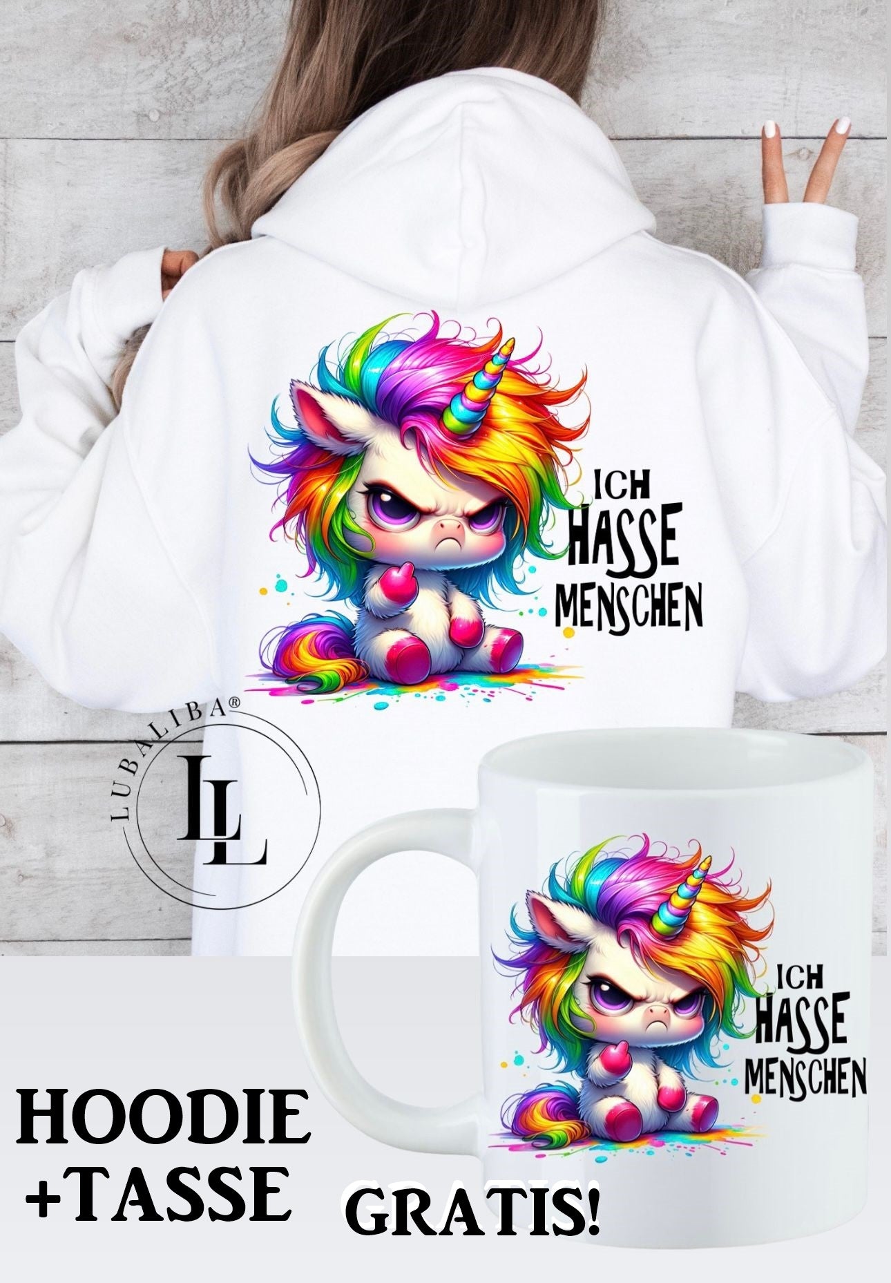 Hoodie Weiß + TASSE " Ich Hasse Menschen Horbert das Einhorn " ArtNr.: TAL